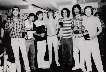 Walter Silveira, Marcelo Machado, Tadeu Jungle, Tonico Melo, Fernando Meirelles. Awarded artists at the I Festival Videobrasil, 1983, MIS, São Paulo.

